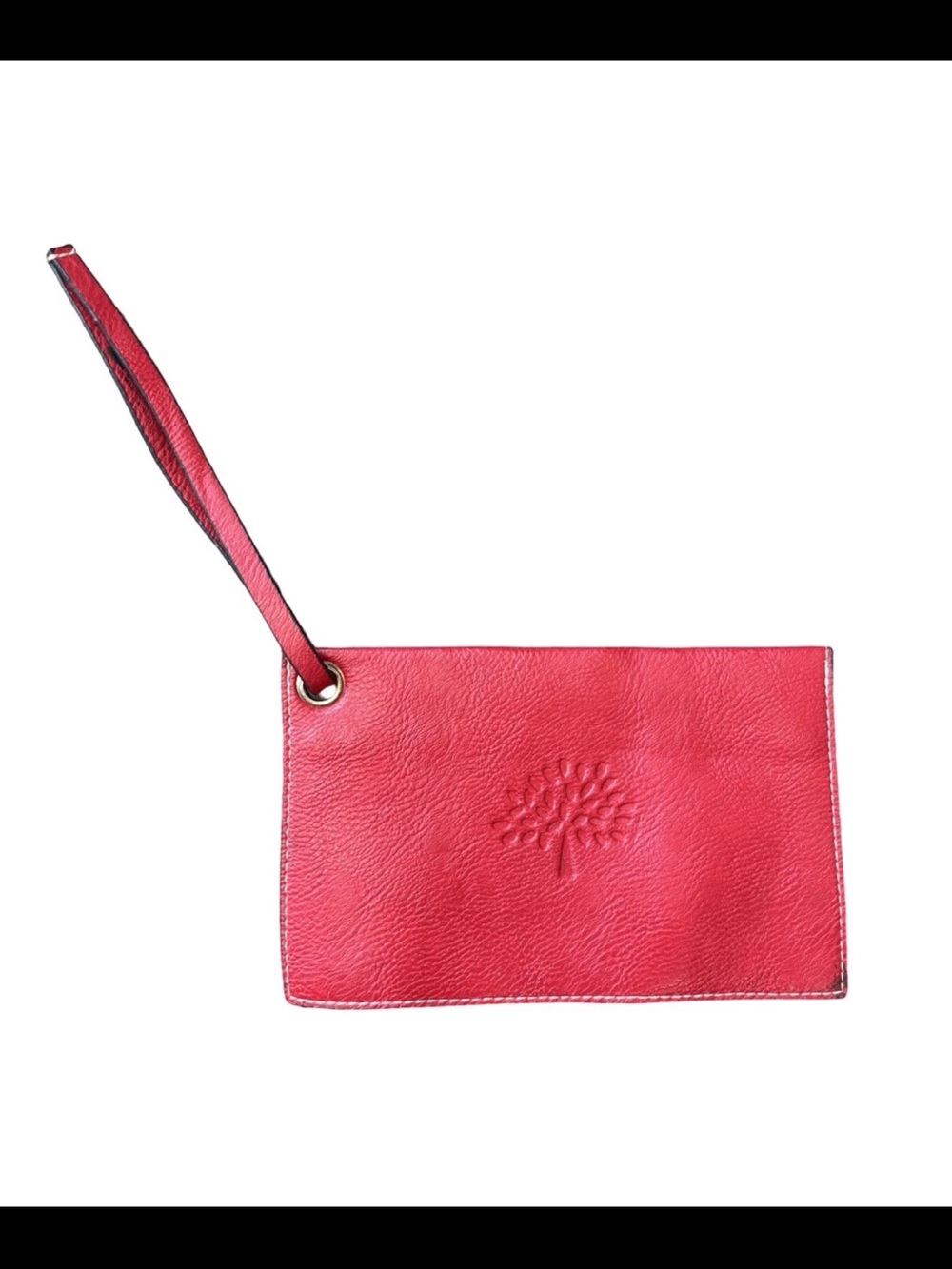 Mulberry Red Leather Wristlet Clutch with Embossed Tree